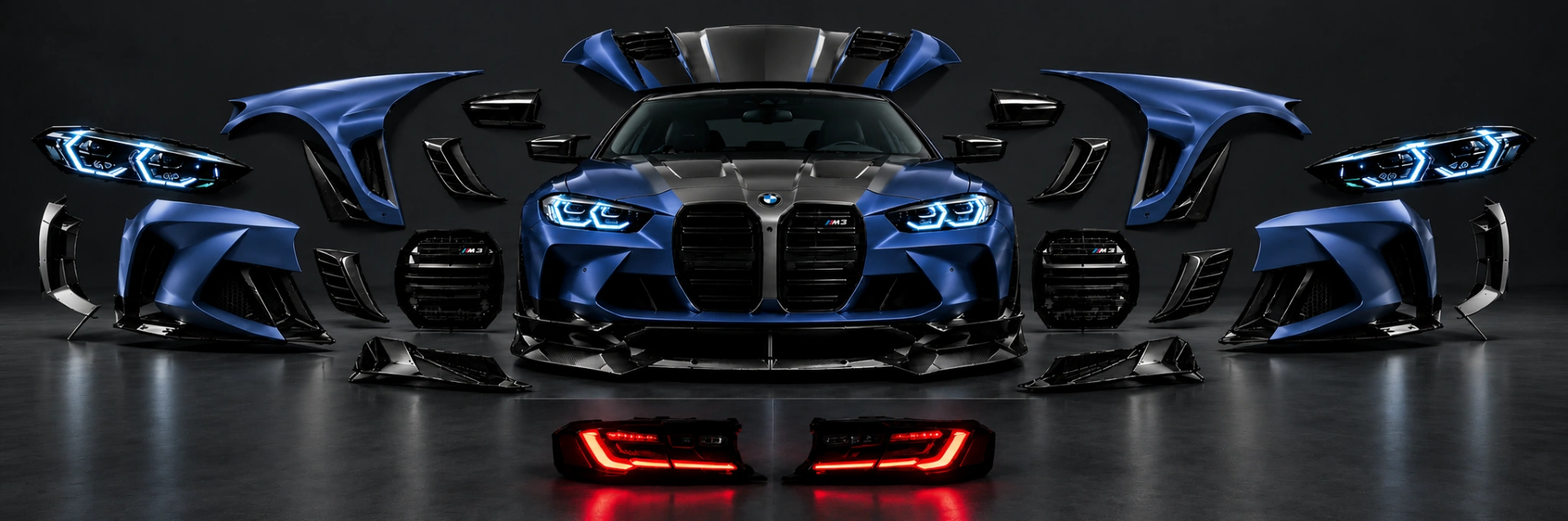 BMW M3 body kit, headlights, exterior panels and illuminated rear lights arranged for precision installation