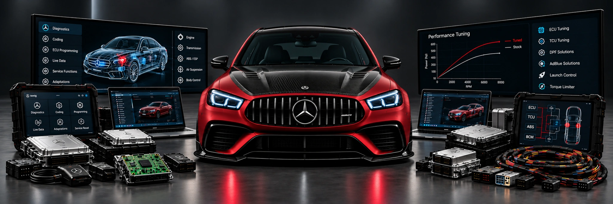 Mercedes performance tuning and diagnostics studio with diagnostic equipment, control modules and coding tools