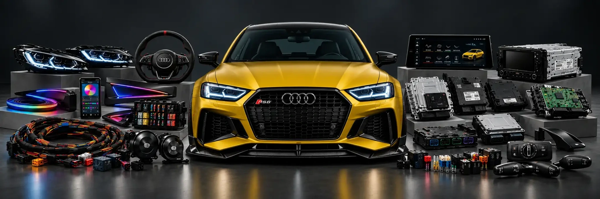 Audi RS-style vehicle surrounded by automotive electronics, electrical components, lighting, wiring and control modules
