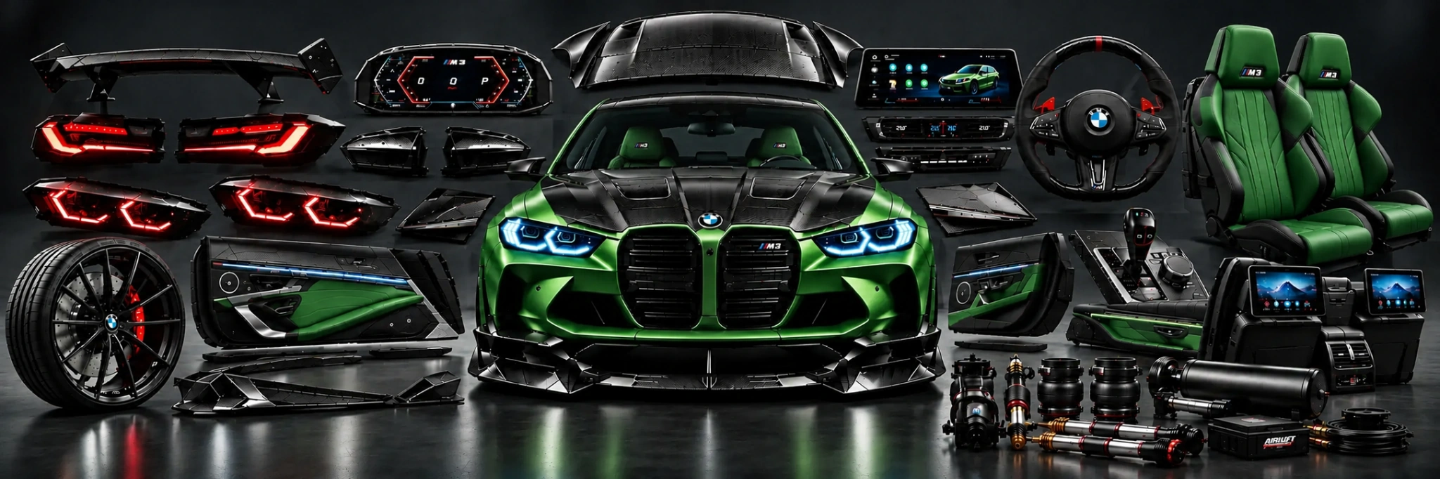 Red BMW M3 with exterior styling, interior upholstery, electronics and performance components
