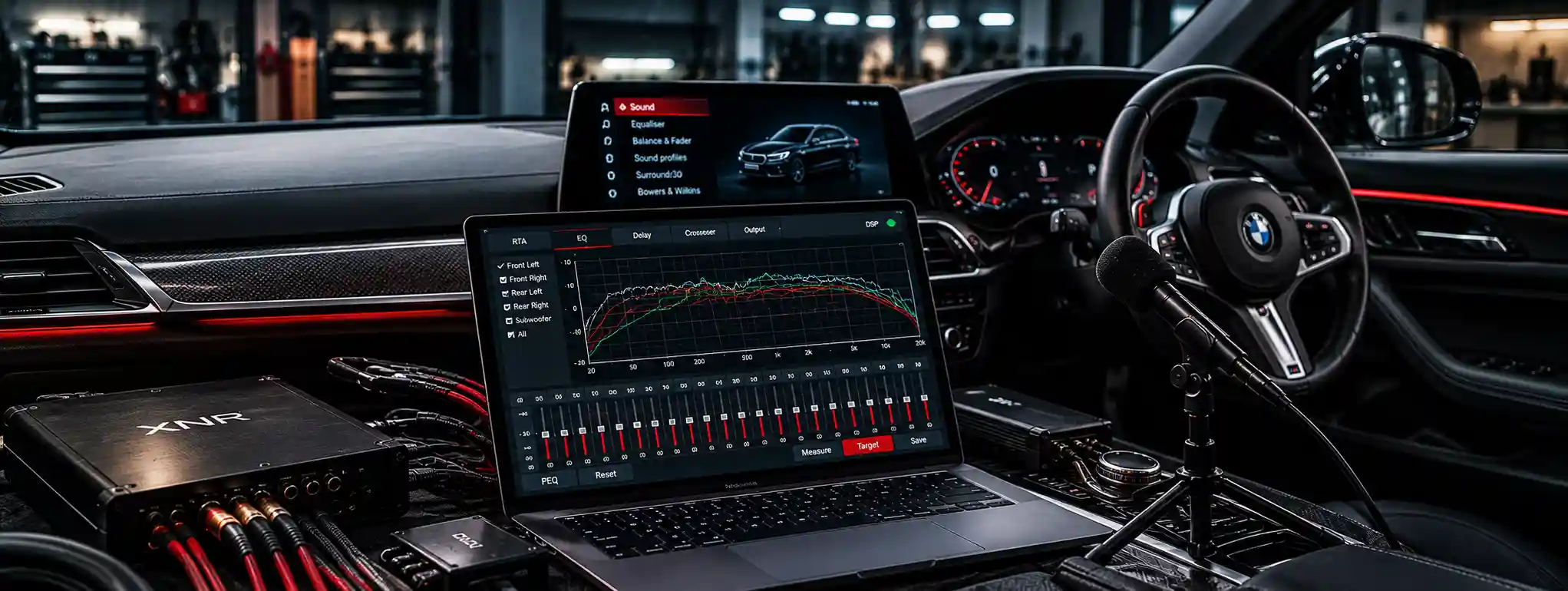Right-hand-drive luxury car cockpit with DSP tuning laptop, audio measurement microphone and amplifier hardware