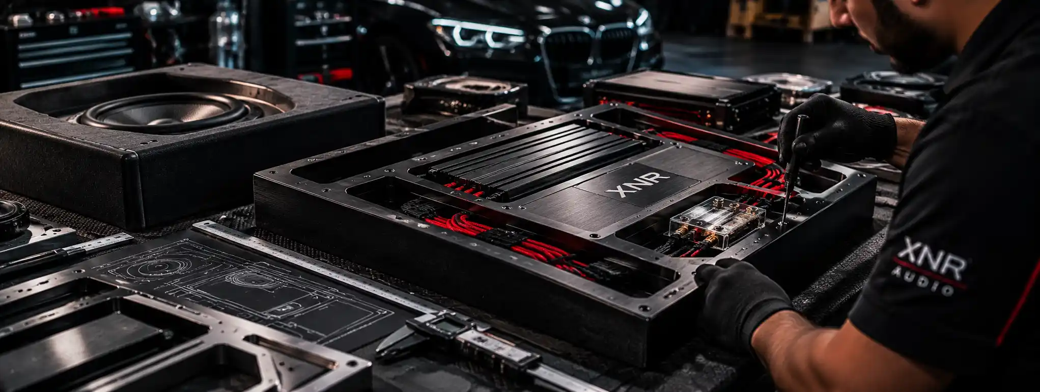 Precision custom car audio amplifier rack fabrication with red wiring and a fitted subwoofer enclosure