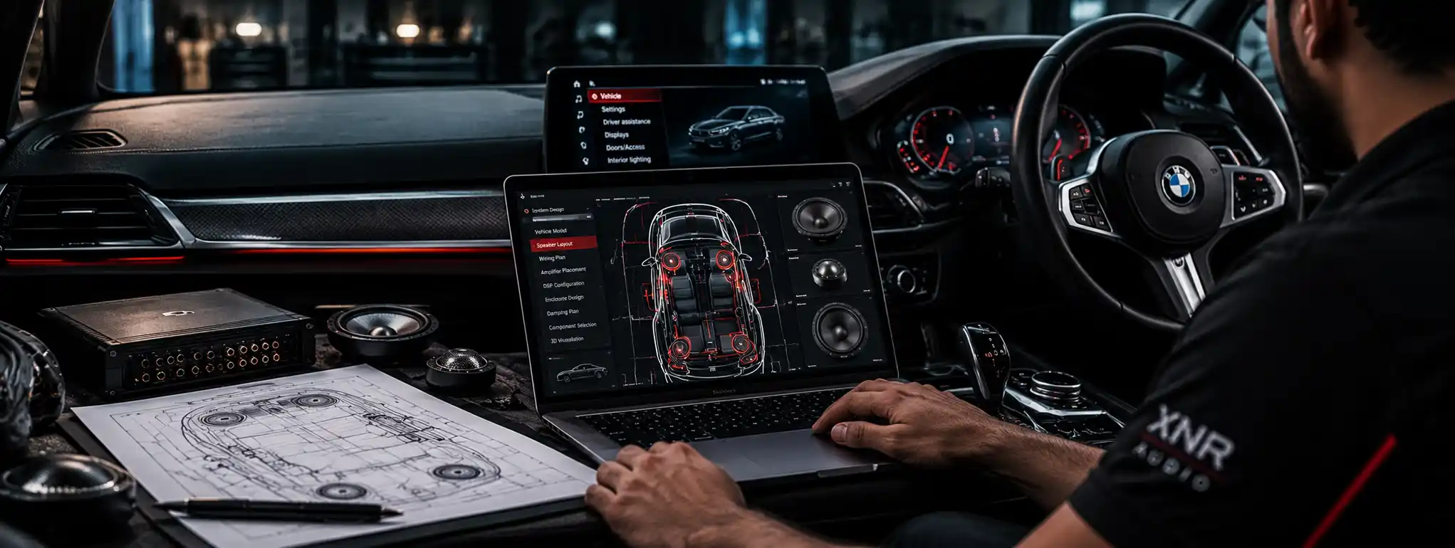 Vehicle-specific car audio planning with a laptop speaker-layout diagram and system components