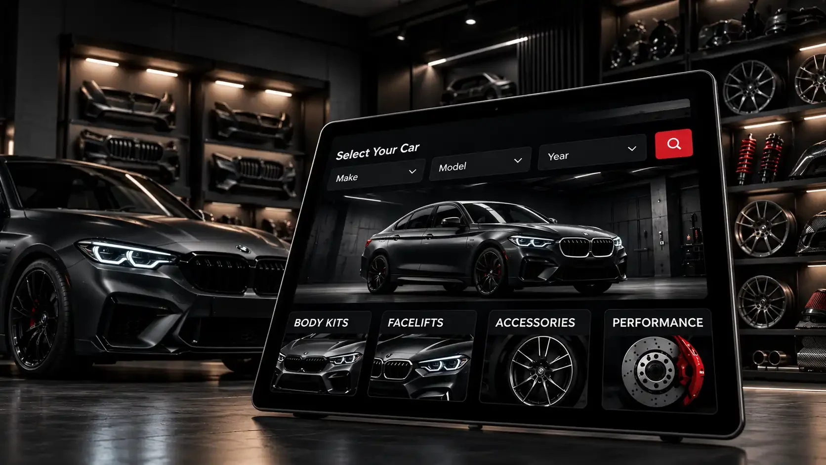 Premium car customisation marketplace preview showing a vehicle and compatible upgrade categories